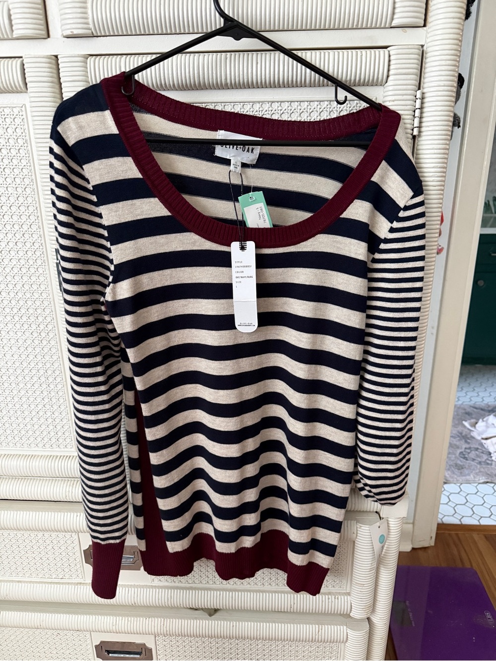 Olive & Oak Navy and Cream Striped Crewneck Sweater with Burgundy Trim